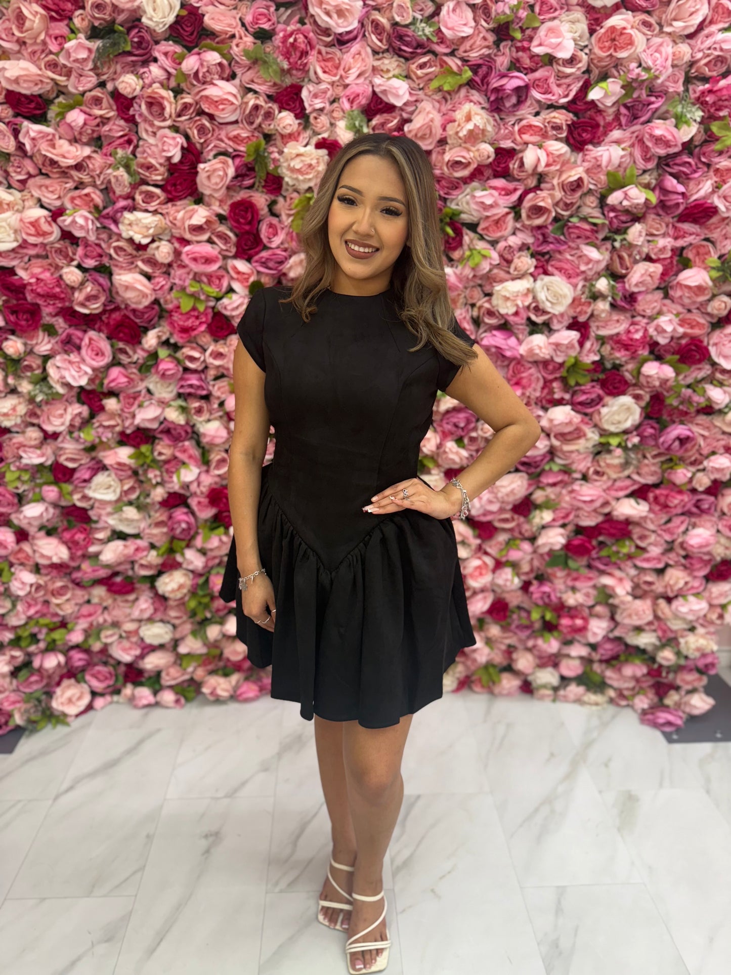 Jacqueline Backless Black Mini Puffy Suede Dress-Miss Circle