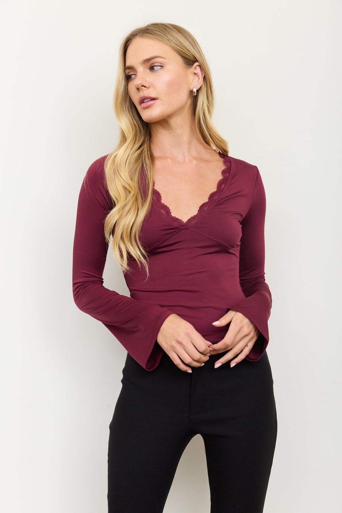 Lace Trim V-neck Bell Sleeve Top