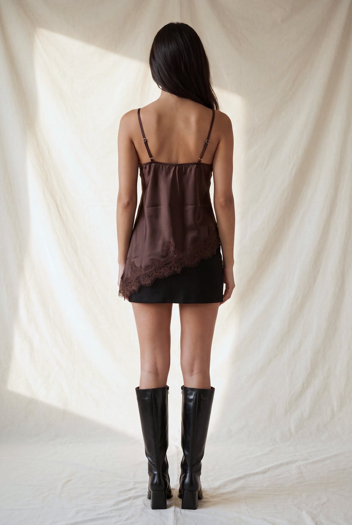 Asymmetrical Lace Satin Top-Brown