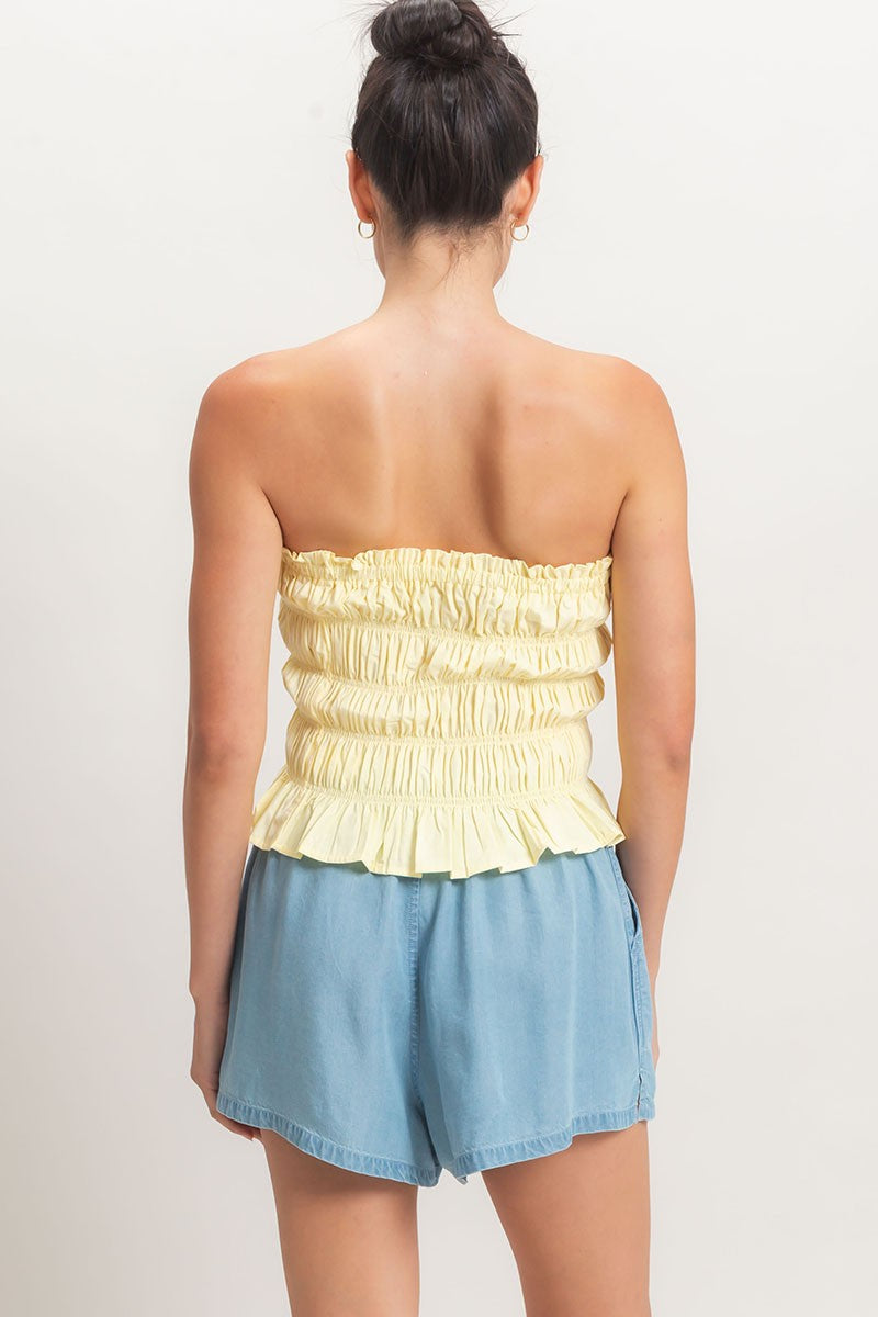 Smocked Ruffle Tube Top-Yellow