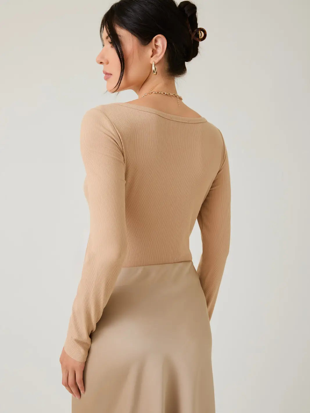 Long Sleeve Rib Bodysuit-Tan