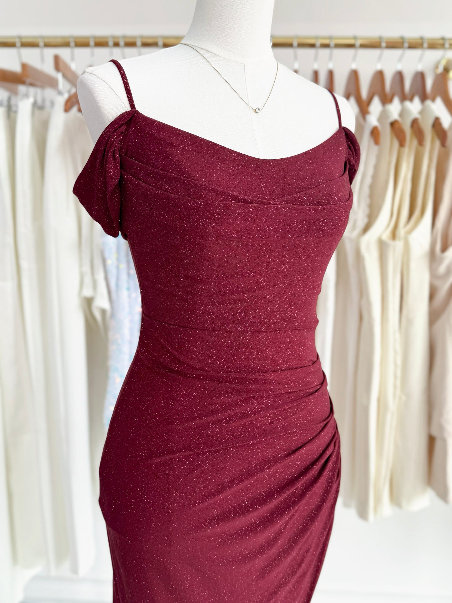 Wine Off-The Shoulder Glitter Dress