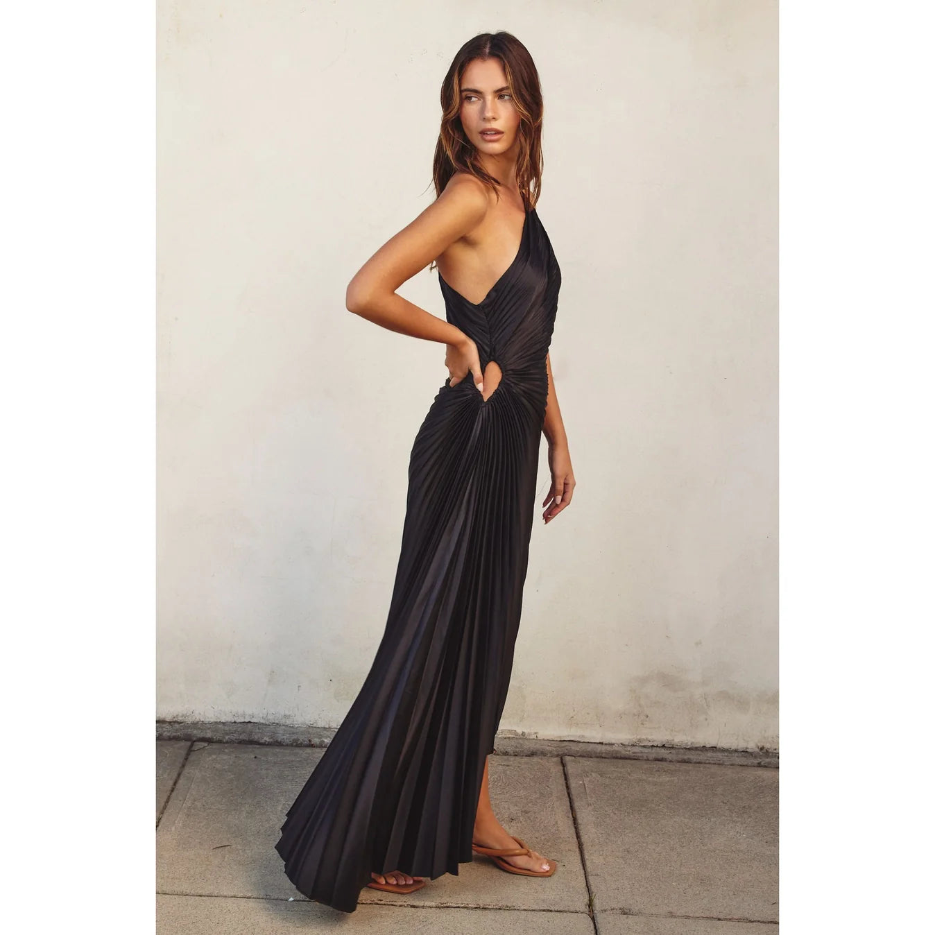 Satin One Shoulder Asymmetrical Pleated Dress