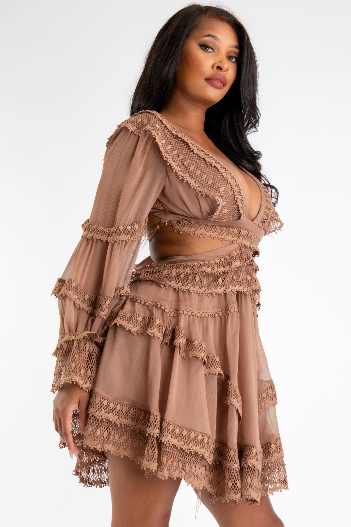 Woven Long Sleeve Open Back Ruffle Dress-Chocolate