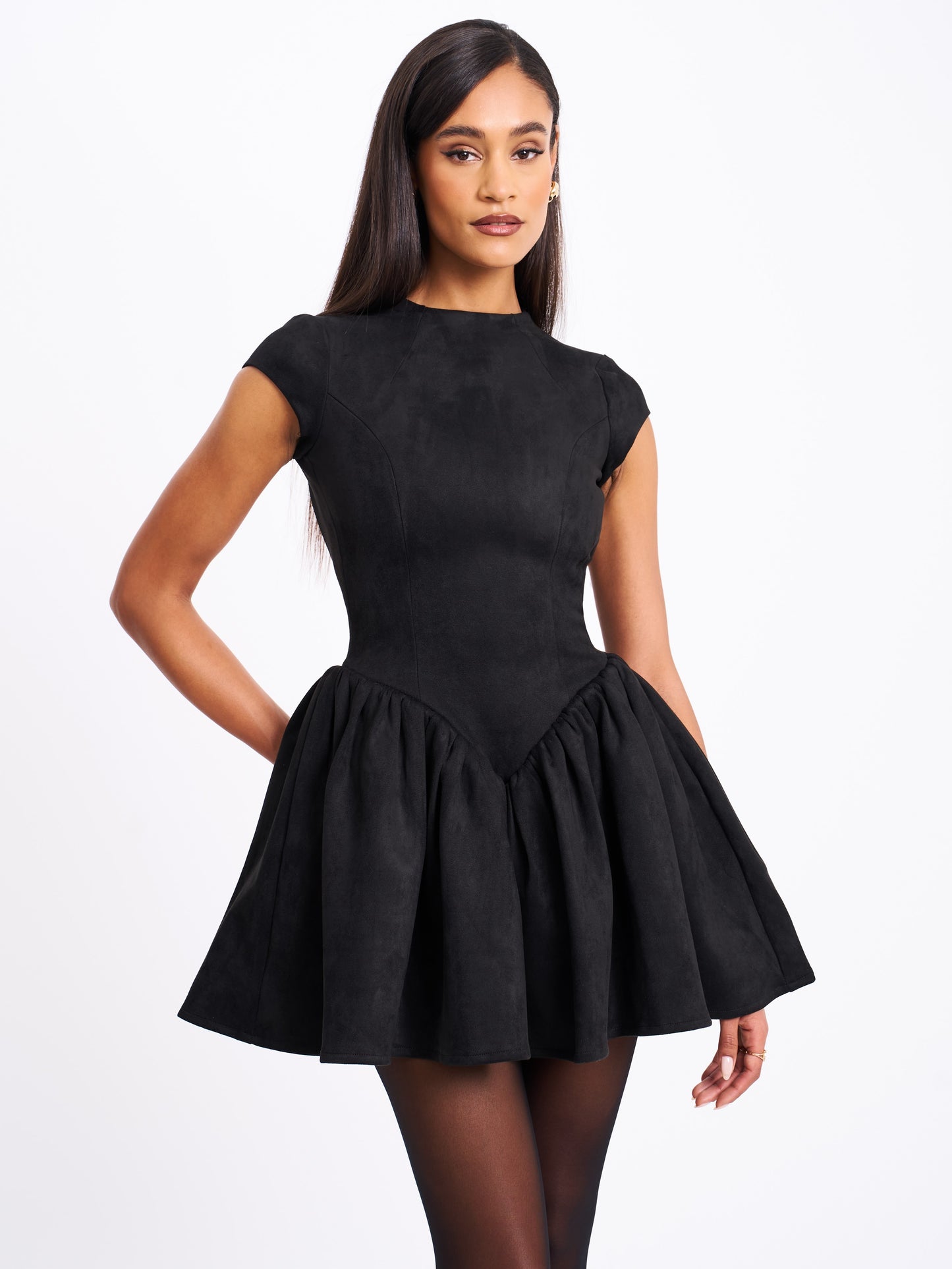 Jacqueline Backless Black Mini Puffy Suede Dress-Miss Circle