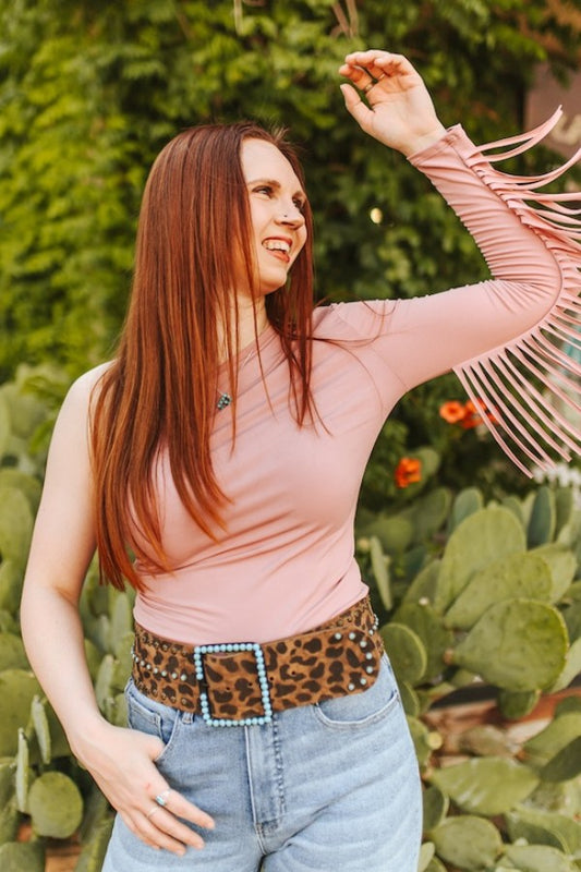 Pink One Shoulder Long Sleeve Fringe Top