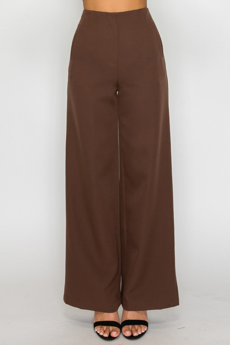 Solid High-rise Wide Pleat Pants-Brown