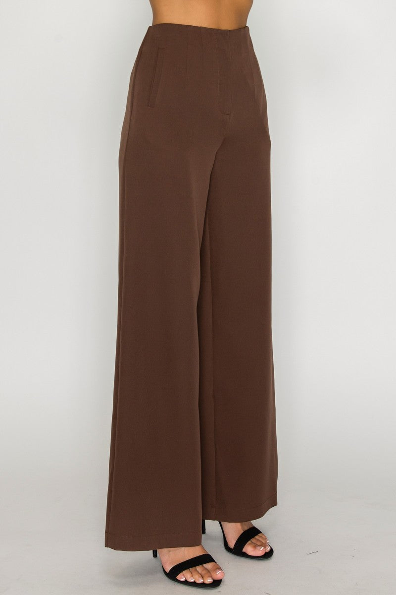 Solid High-rise Wide Pleat Pants-Brown