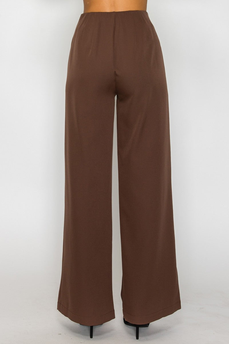 Solid High-rise Wide Pleat Pants-Brown