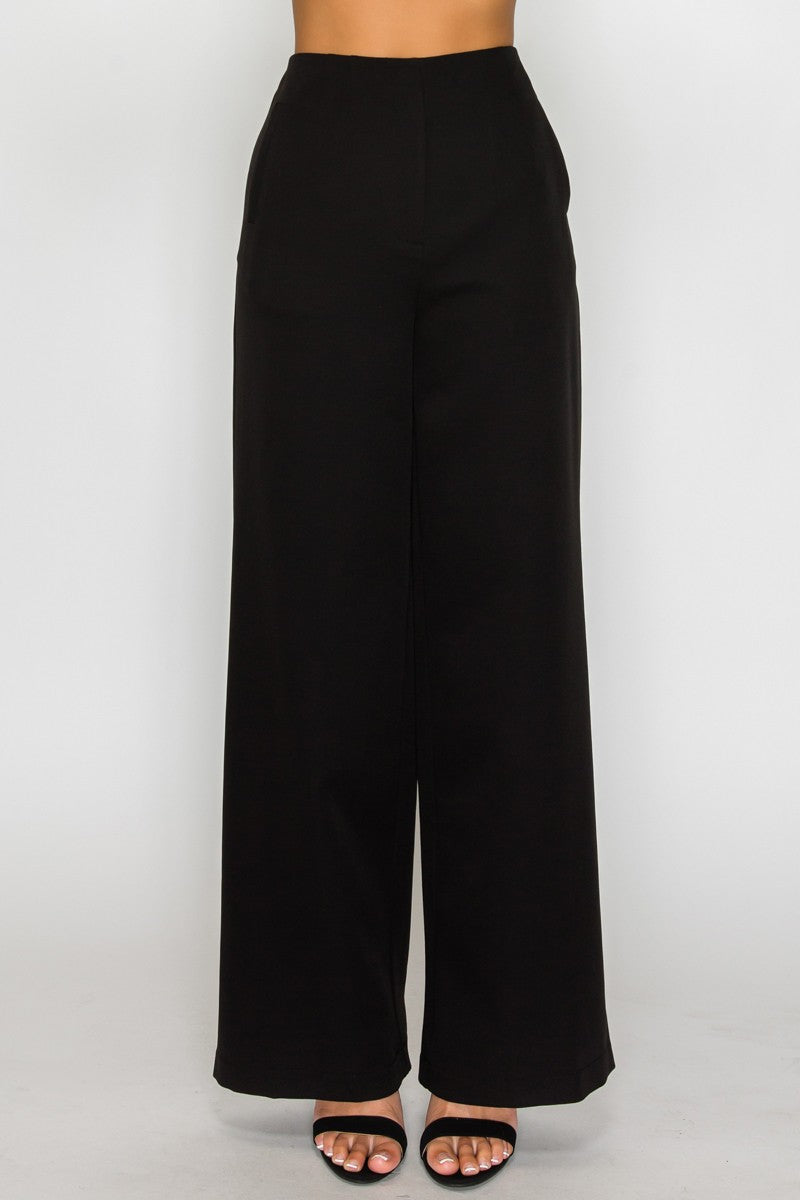 Solid High-rise Wide Pleat Pants
