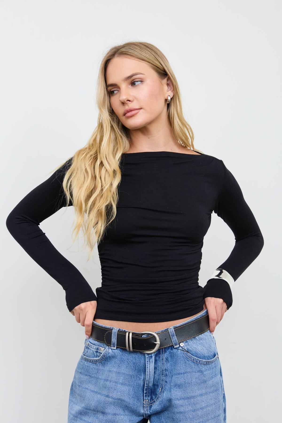 Ruched Shoulder Boat Neck Long Sleeve Knit Top