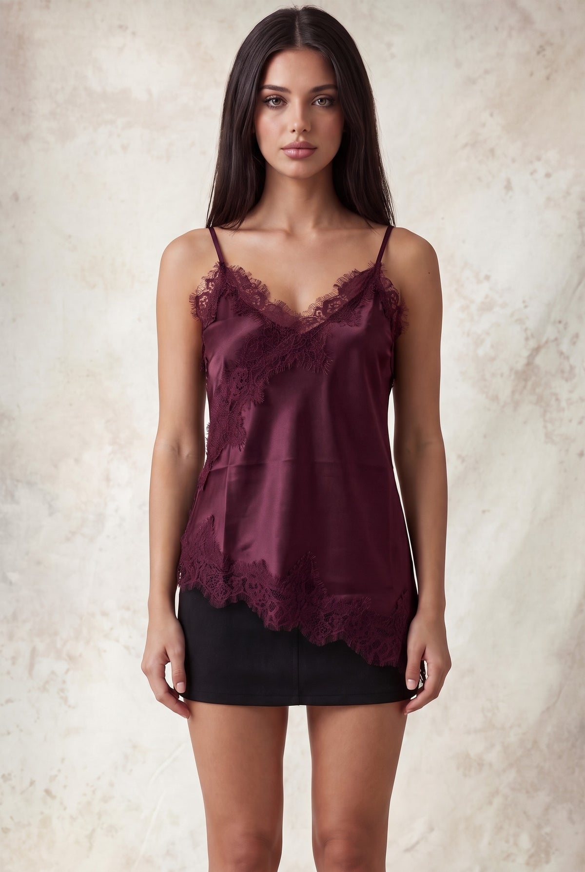 Asymmetrical Lace Satin Top-Wine