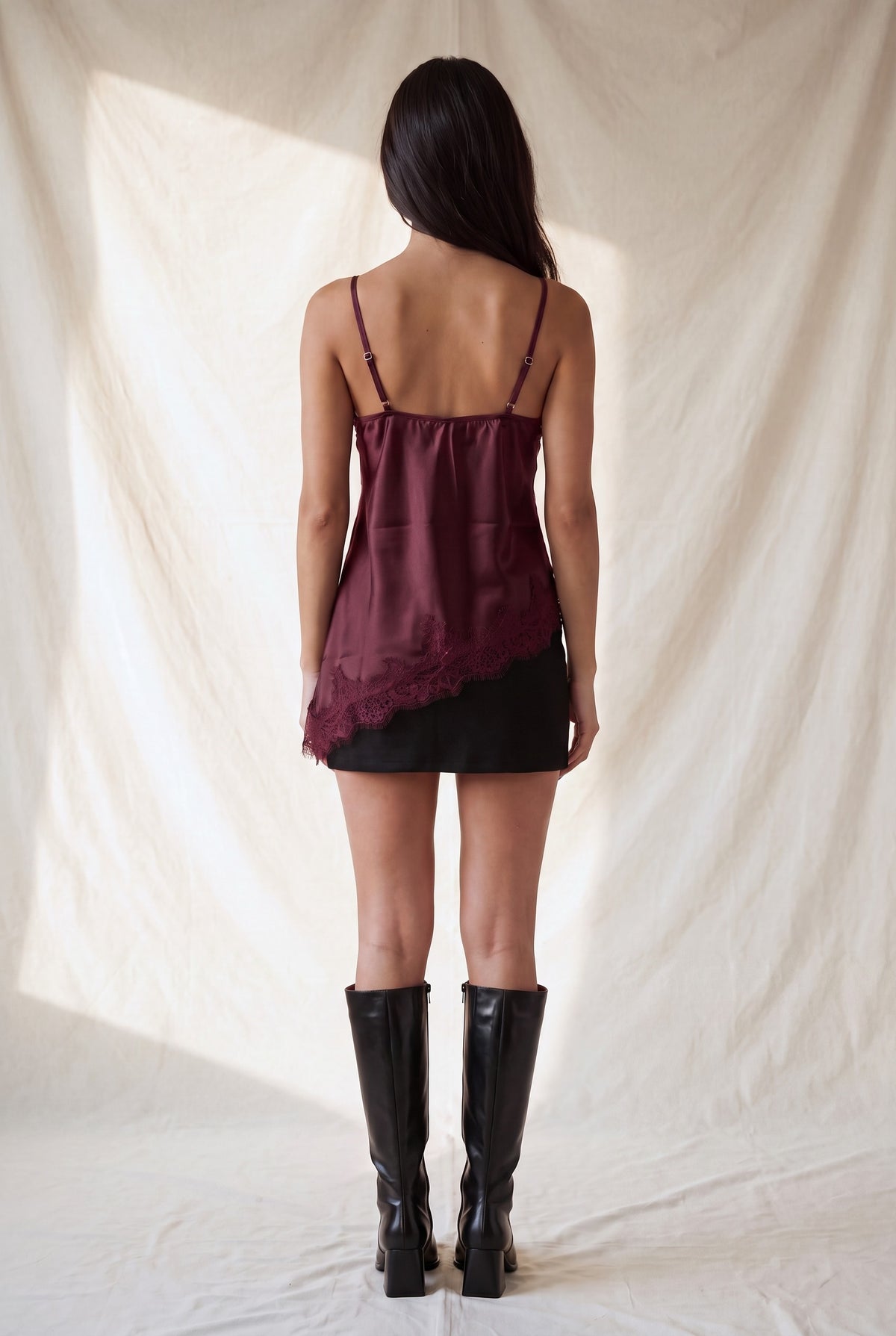 Asymmetrical Lace Satin Top-Wine
