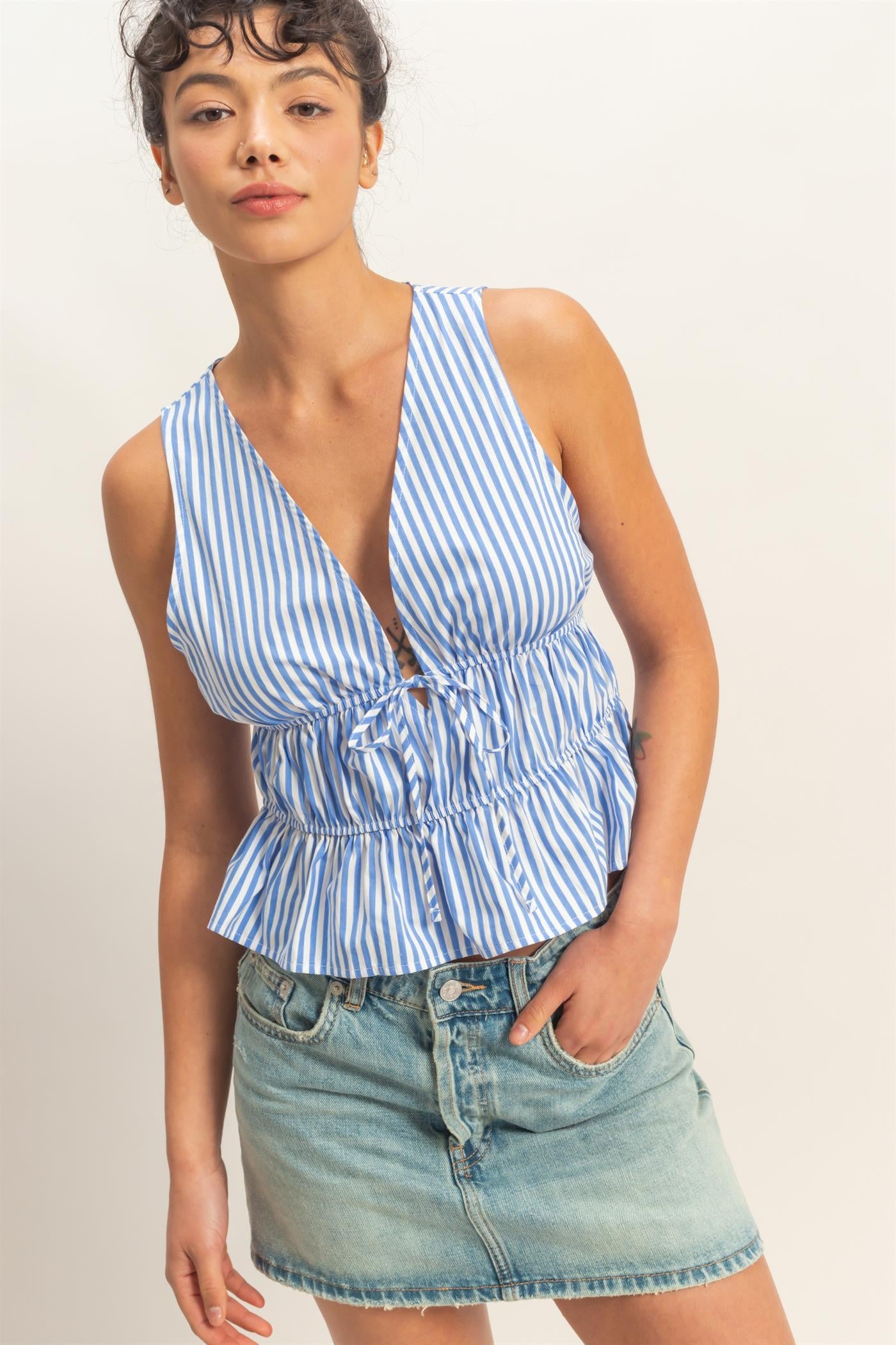 Blue Striped Front Tie Peplum Cotton Tank Top