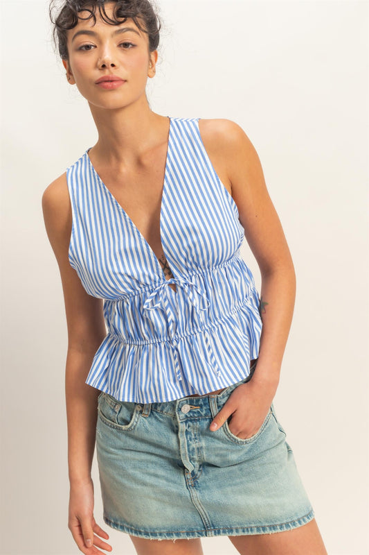 Blue Striped Front Tie Peplum Cotton Tank Top