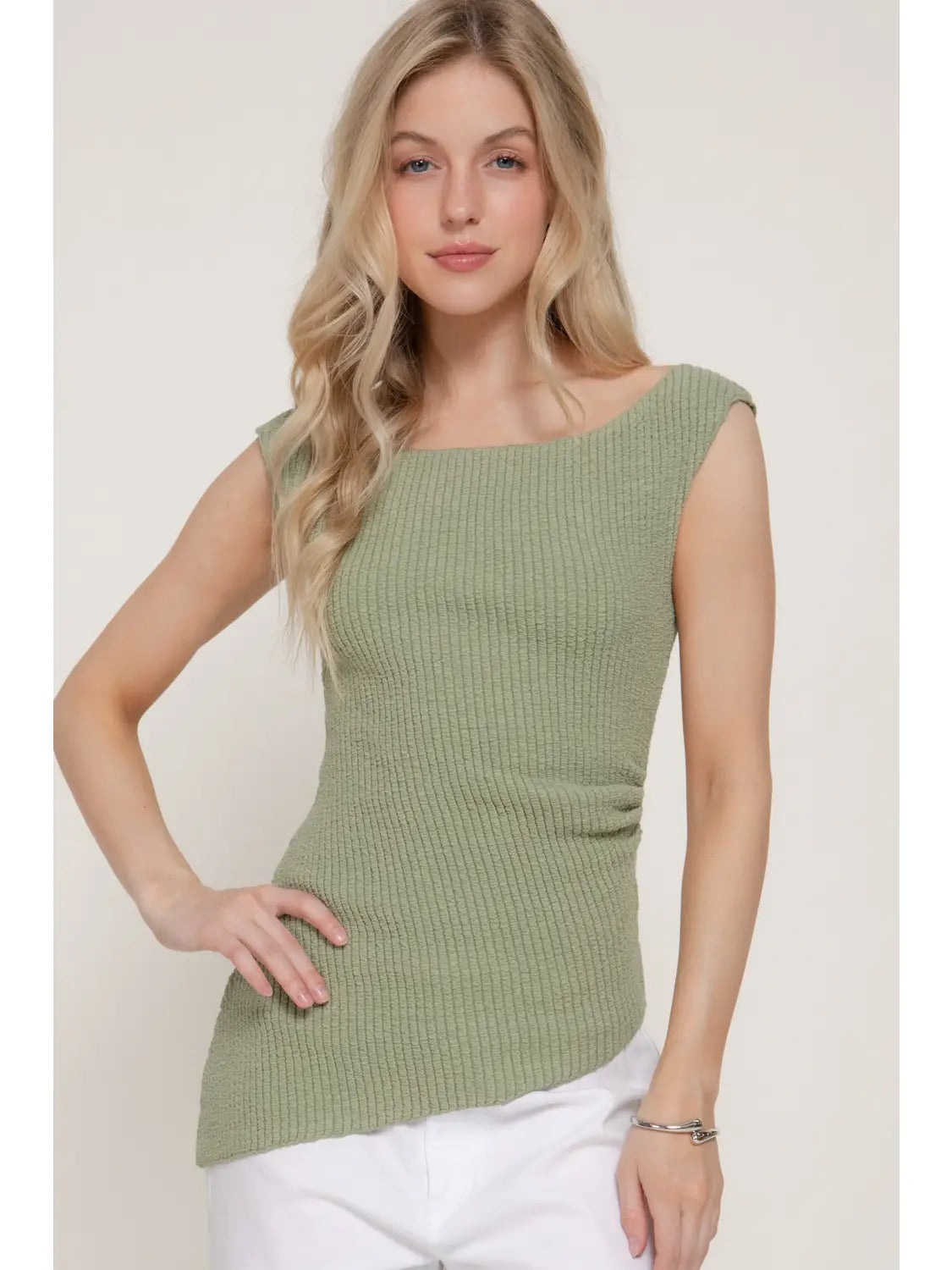 Sleeveless Asymmetric Knit Top-Sage