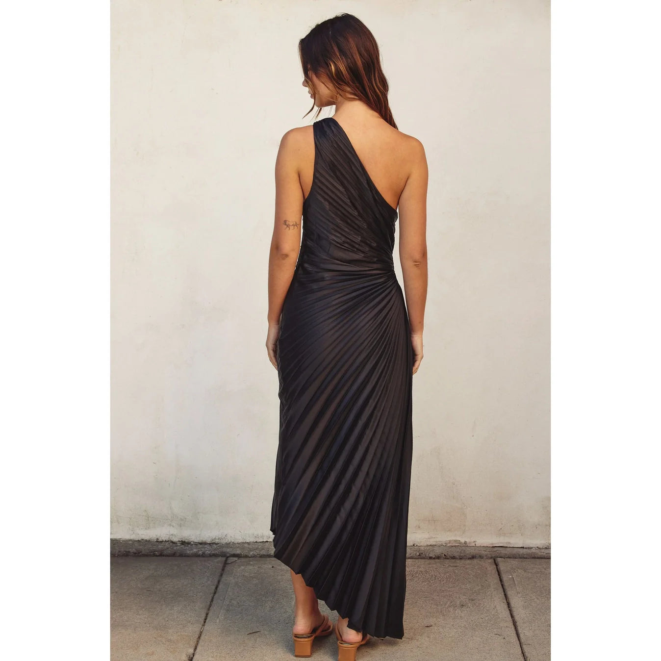 Satin One Shoulder Asymmetrical Pleated Dress