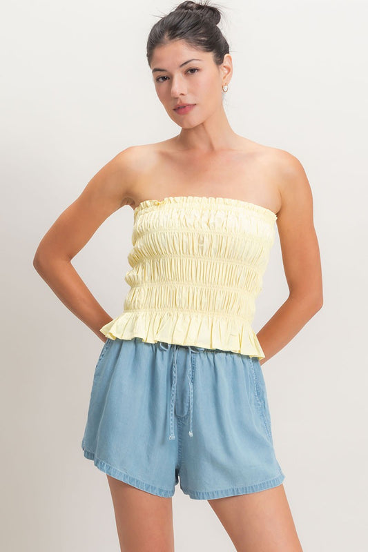 Smocked Ruffle Tube Top-Yellow
