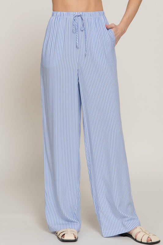 Waist Band Stripe Print Woven Pants-Blue/White