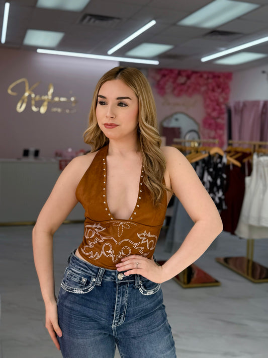 Vintage Studded Halter Embroidered Top