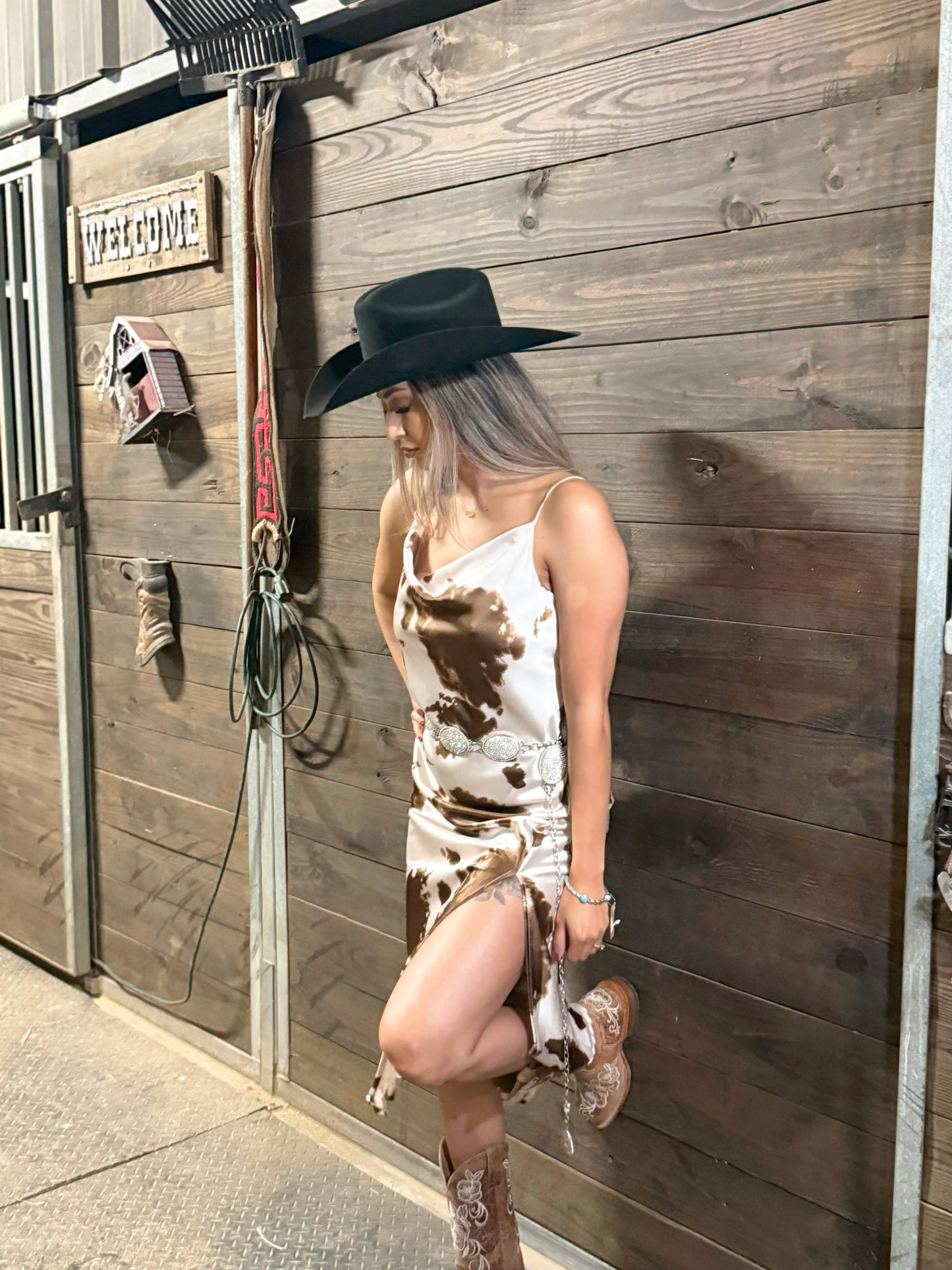 Cow Print Slip Dress With Slit