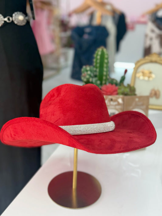 Western Cowboy Suede Hat-Red with Bling Belt