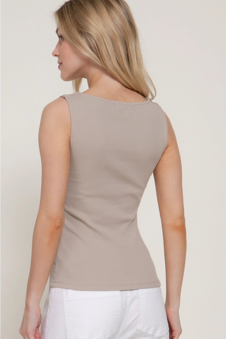 Sleeveless Boat Neck Fitted Cotton Ribbed Knit Top