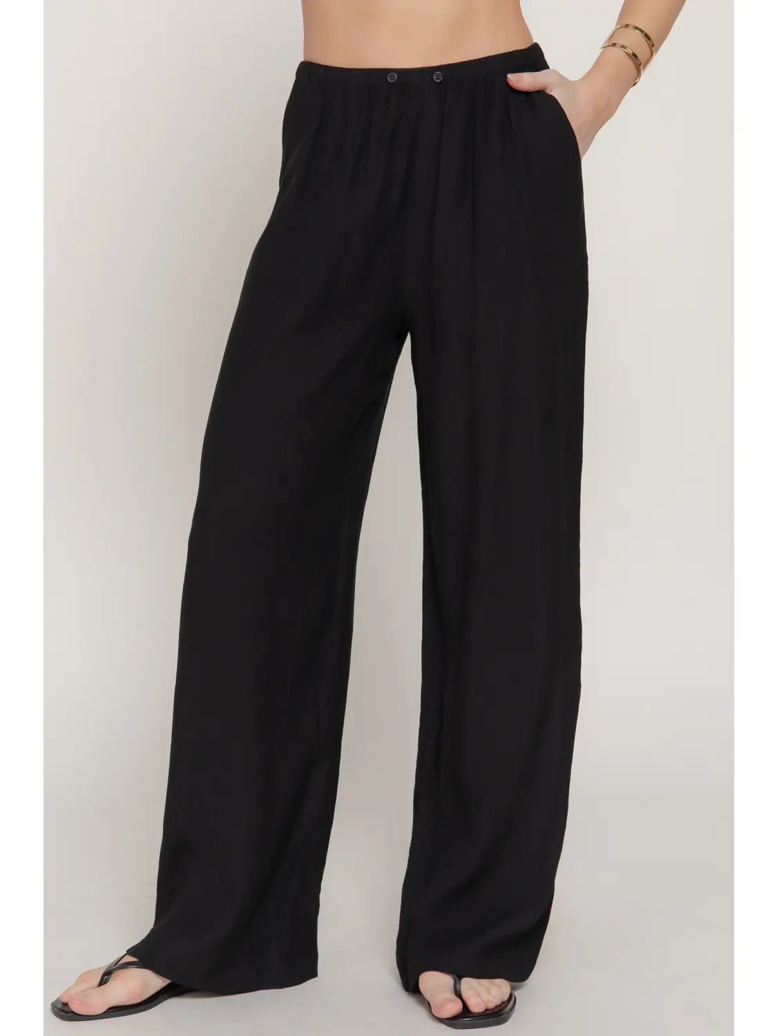Elastic Waistband Crinkle Woven Long Pants