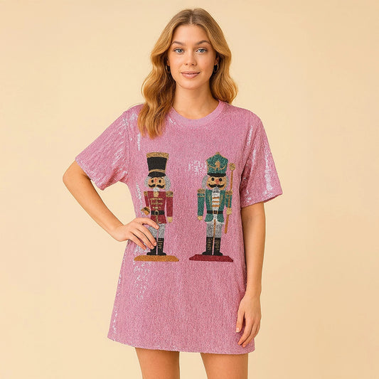 Pink Sequin Nutcracker Holiday Long Party Shirt