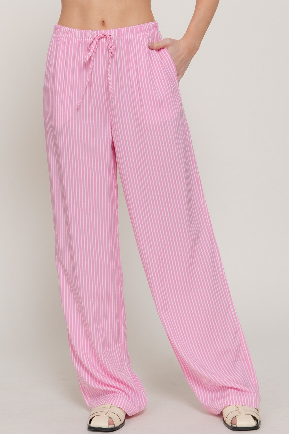 Waist Band Stripe Print Woven Pants-Blossom Pink/White