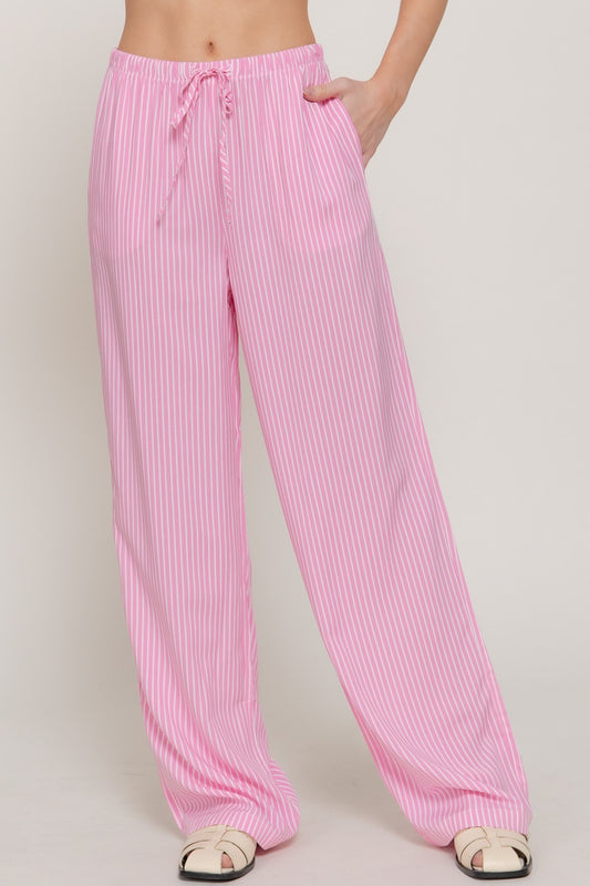 Waist Band Stripe Print Woven Pants-Blossom Pink/White