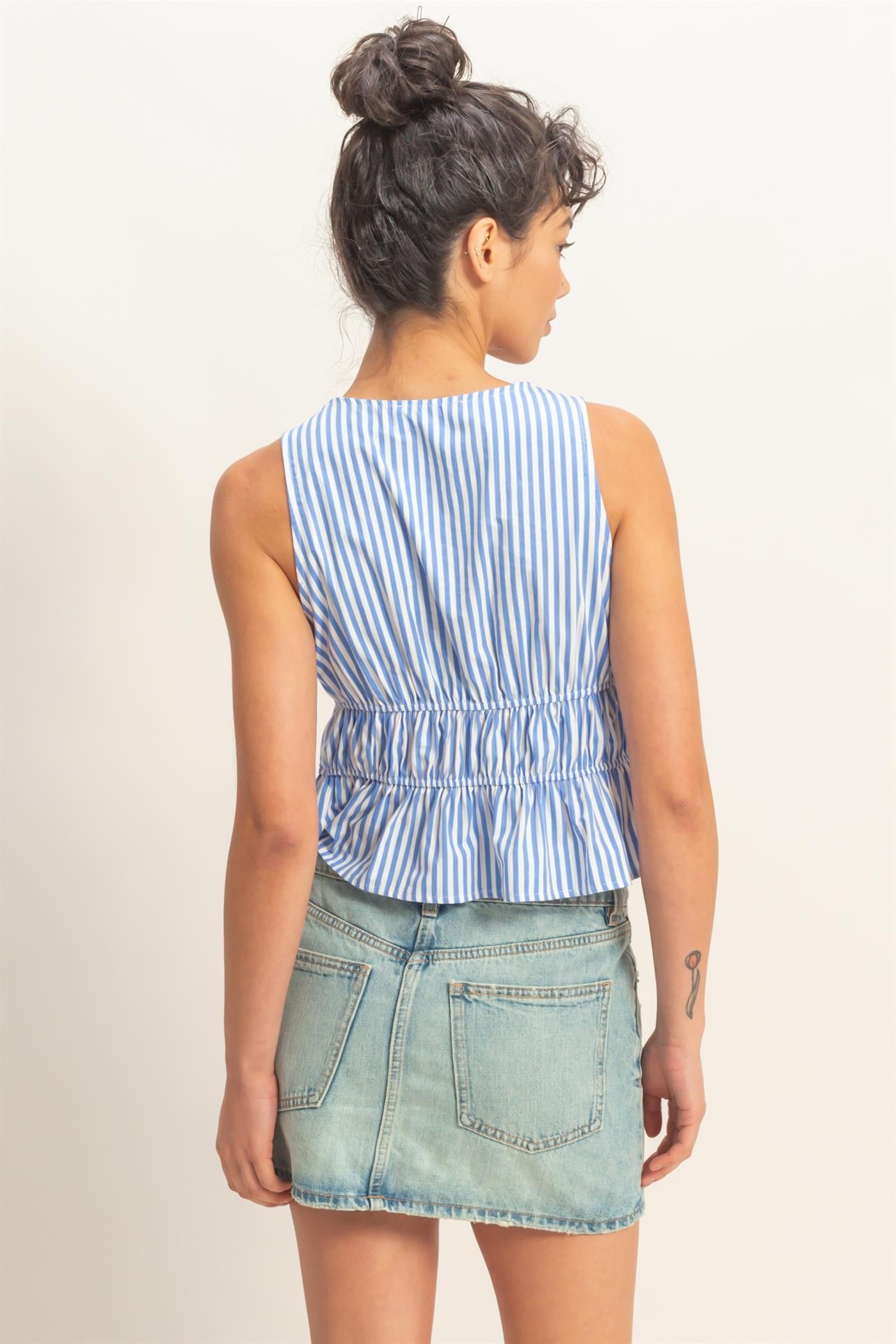 Blue Striped Front Tie Peplum Cotton Tank Top