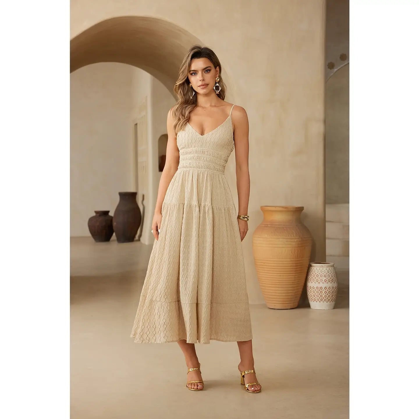 Sunlit Mediterranean Tiered Midi Dress