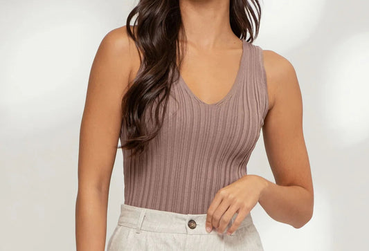Mocha V Neck Sweater Knit Top